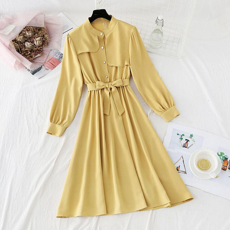 dresses Solid Color Elegant Women O-Neck Long Sleeve Buttons Bandage es Spring A-line Office Ladies Midi Vestido