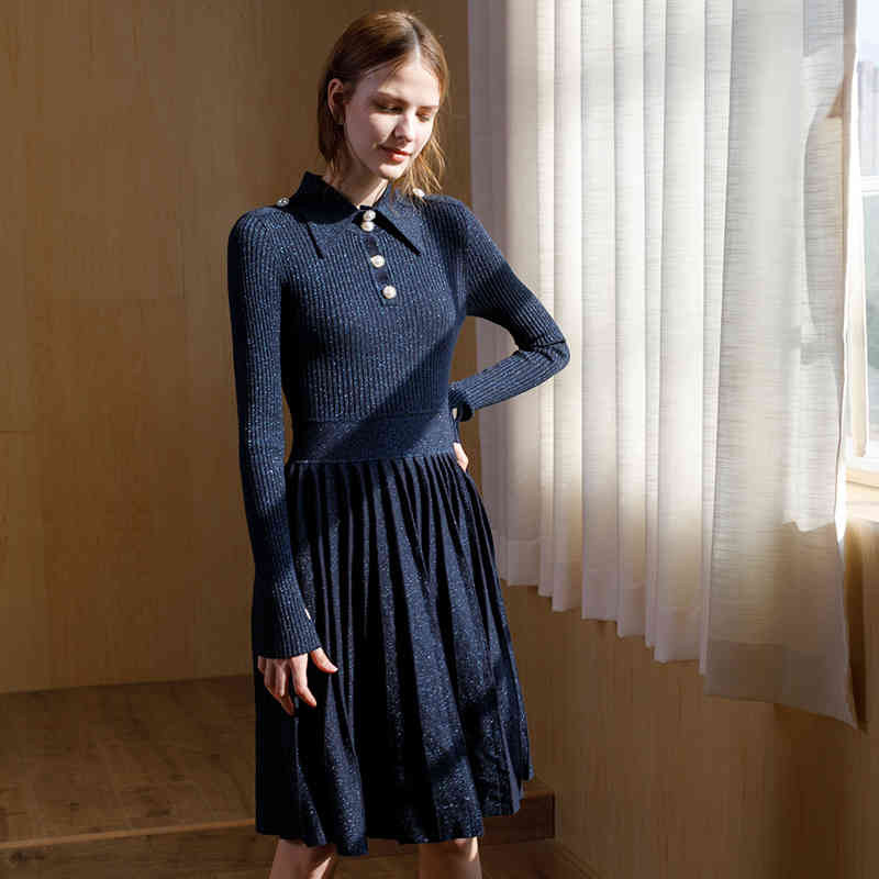 dresses Women Knitted long Sweater Dress Autumn Winter women&#039;s Office Ladies Turn Down Collar Sleeve Pleated Dresses knitwear
