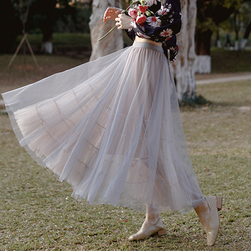 blazers Double Layers Mesh Long For Women Korean Style Tutu Skirt 2021 Spring Female Pleated Ball Gown Tulle Skirts