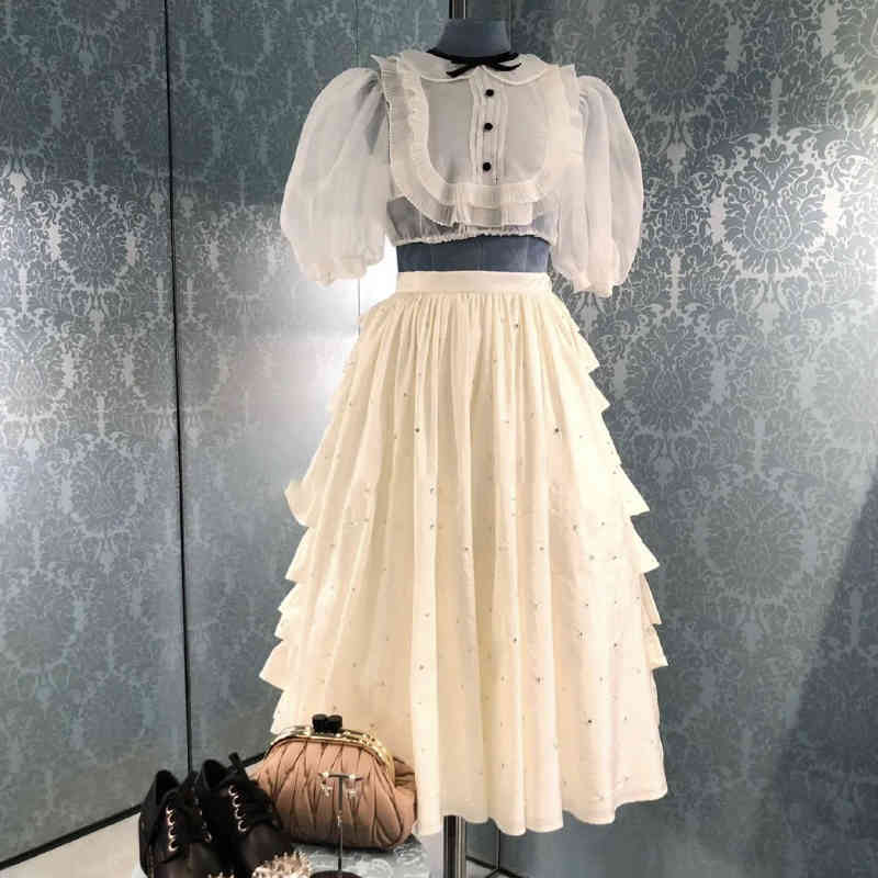 blazers Brand Designer Runway 2021 Spring Solid White Ruffles Ball Gown Cake Skirt Women High Waist DIamonds Beaded Long Skirts