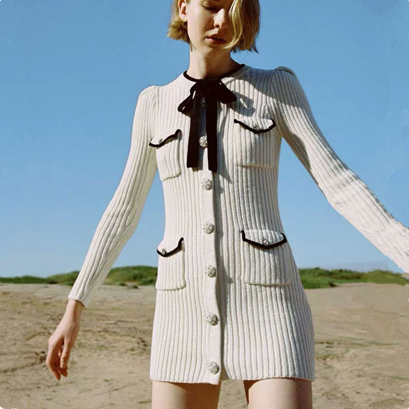 dresses 2021 New Women Knitting Bodycon dress White Bows SIngle Breasted Long Sleeve SHeath Tight Sweater Mini Birthday Outfit