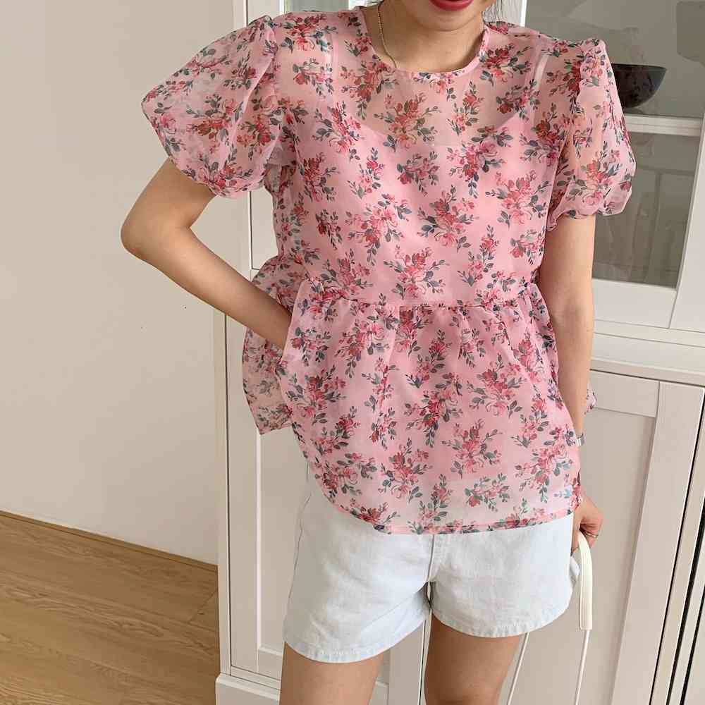 blouses Pink Organza Floral Blouses Women Summer Korean Style Elegant Sweet Shirt Sleeve Loose Tops Blusas
