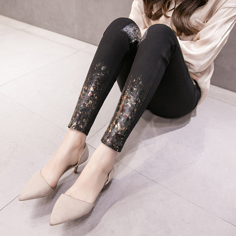 D 1048 Black European Spring New Bronzing Personality Pants Tight Pants Leggings Stretch Pants And Feet Women Wear Outside