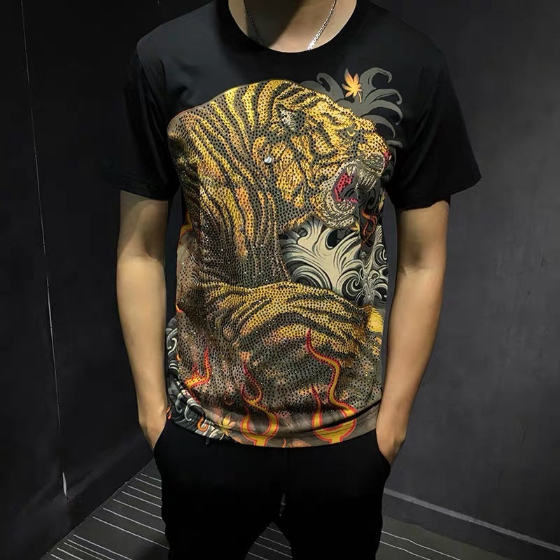 t shirts Men&#039;s tiger drill T-shirt quality rhinestone elastic breathable short sleeve size 4XL