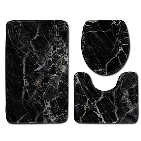Toilet 3-Piece Set Black Marble Bathroom Mat Sets Contour Rug Flannel Non Slip Bath Pedestal Toilet Seat Lid Cover Bath Mat Sets 210401