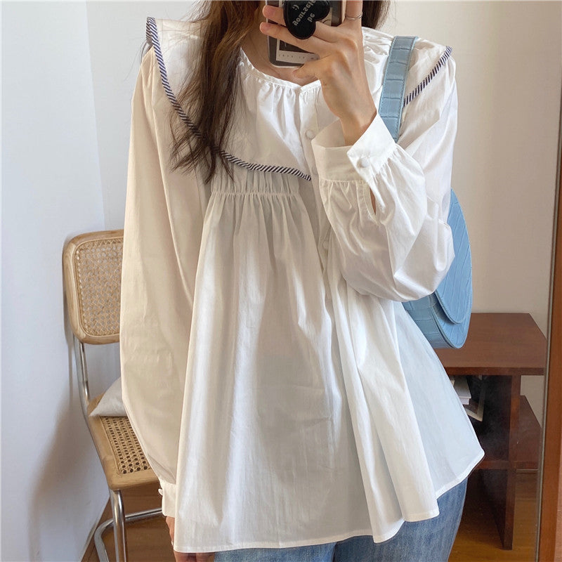 blouses Autumn Sweet Korean Loose Retro Long Sleeve Shirts Women Big Lapel Gentle Lovely Dingle Breasted Blouses