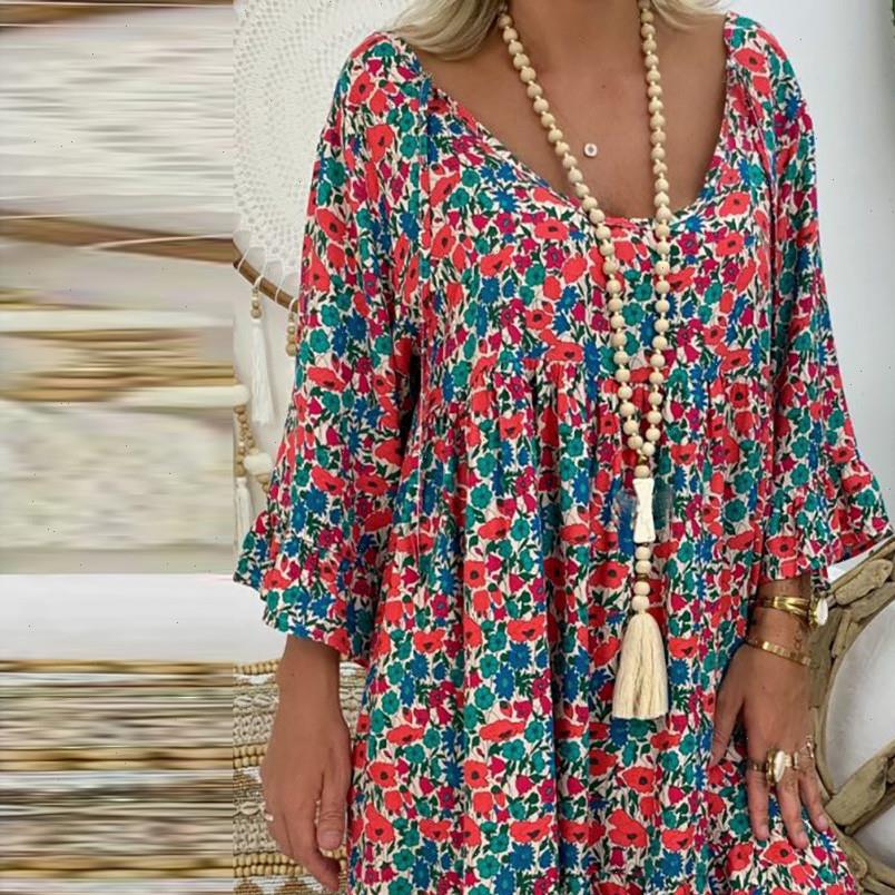 Floral Women Dresses Printing Dress Womens Casual Loose Plus Size Long Sleeve V neck Ladies Club Party Sundress Vestido Verano