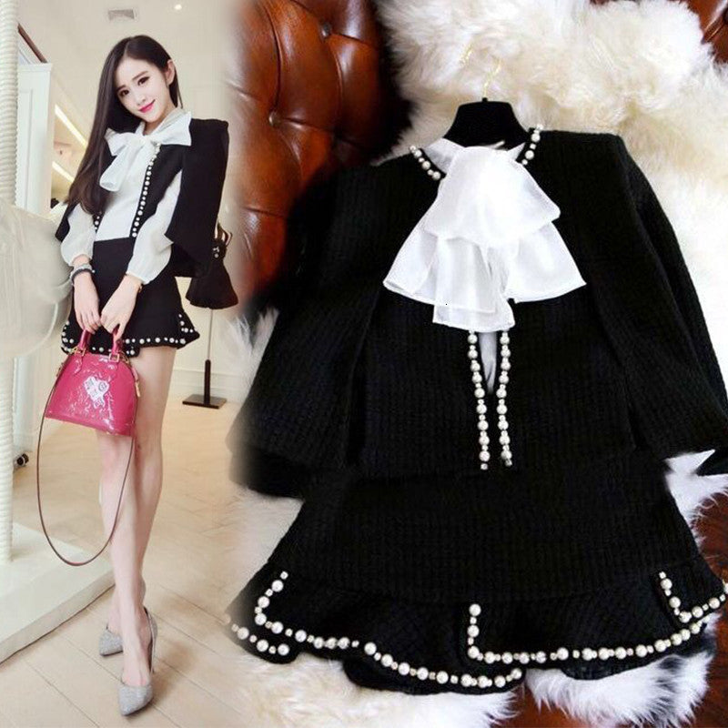 skirts Elegant Pearls Beading Tweed Jacket Cloak Coat And Skirt Autumn Winter Women Flounces Bow Tie Blouse Black Clothing Set
