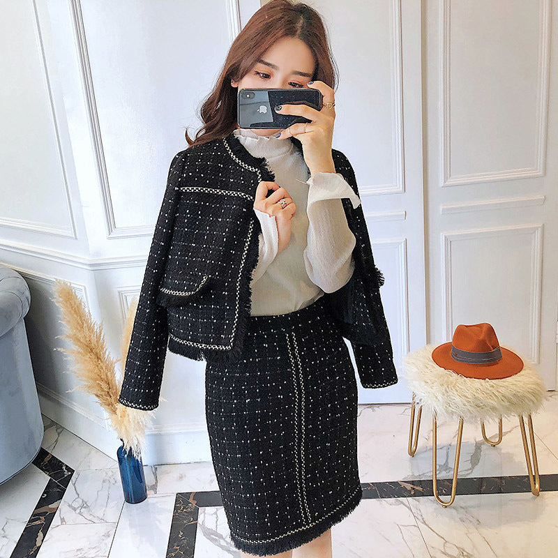 skirts Autumn Winter Runway Women Cardigan Short Jacket Coat + Bodycon Mini Ladies Fringed Tassels Tweed 2-Piece Set