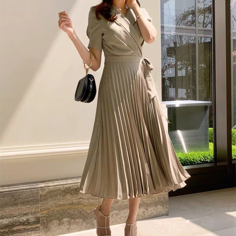 dresses Office Ladies Elegant Chiffon Pleated Women Short Sleeve Notched Midi Long High Waist Female Lace-up Bow