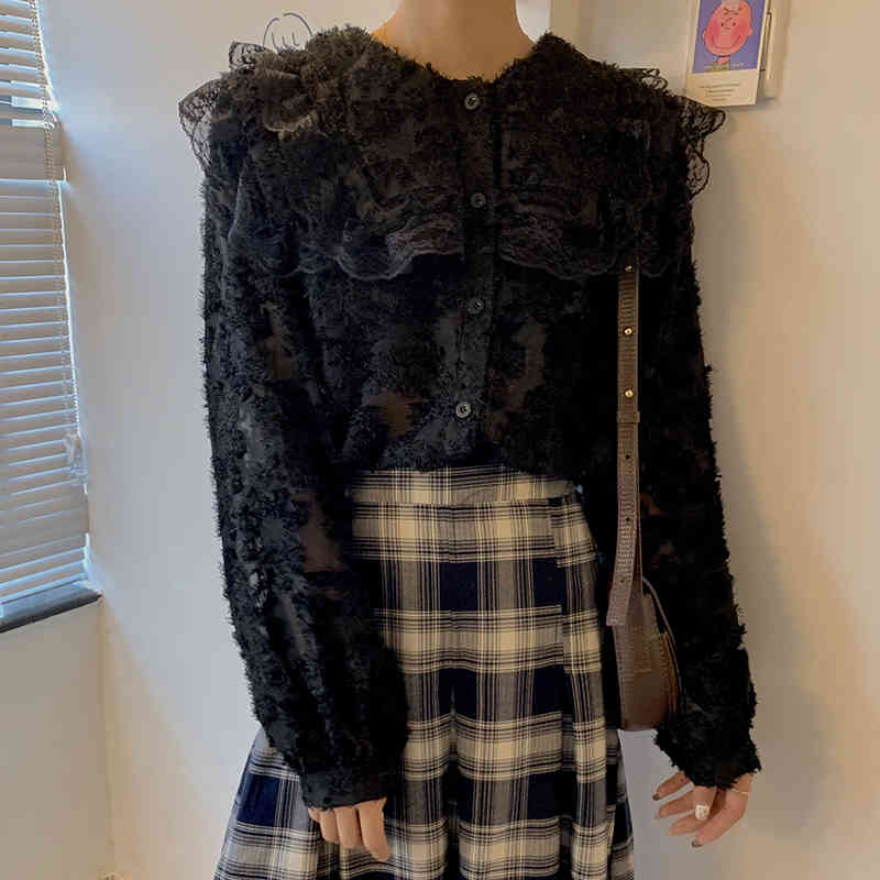 dress Women Blouses See-through Sleeve Top Lace Shirt Blouse Fashion Transparent Black Shirts Female Blusas