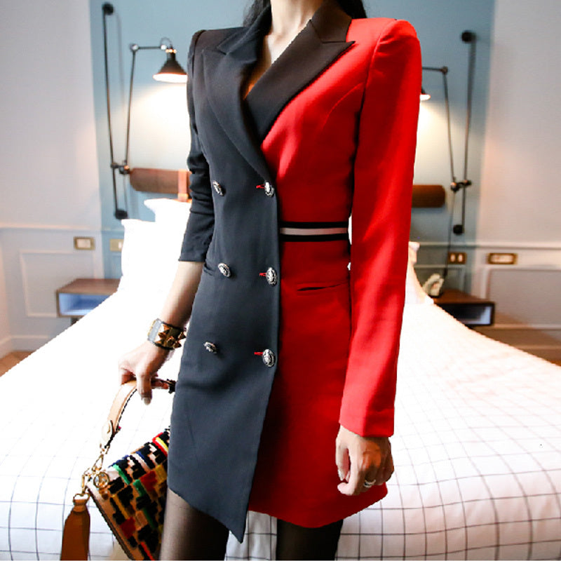 dresses Women Elegant Office Patchwork Blazer Work Wear Contrast Color Long Sleeve Double-Breasted Notched Blazers Mini