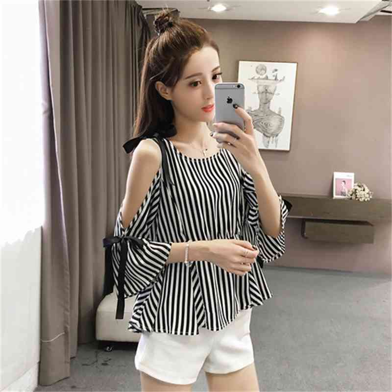 shirts New Loose Korean Short Blouse Striped Off Shoulder Seven Sleeve Chiffon Women Tops Blouses Clothing Blusas Mujer