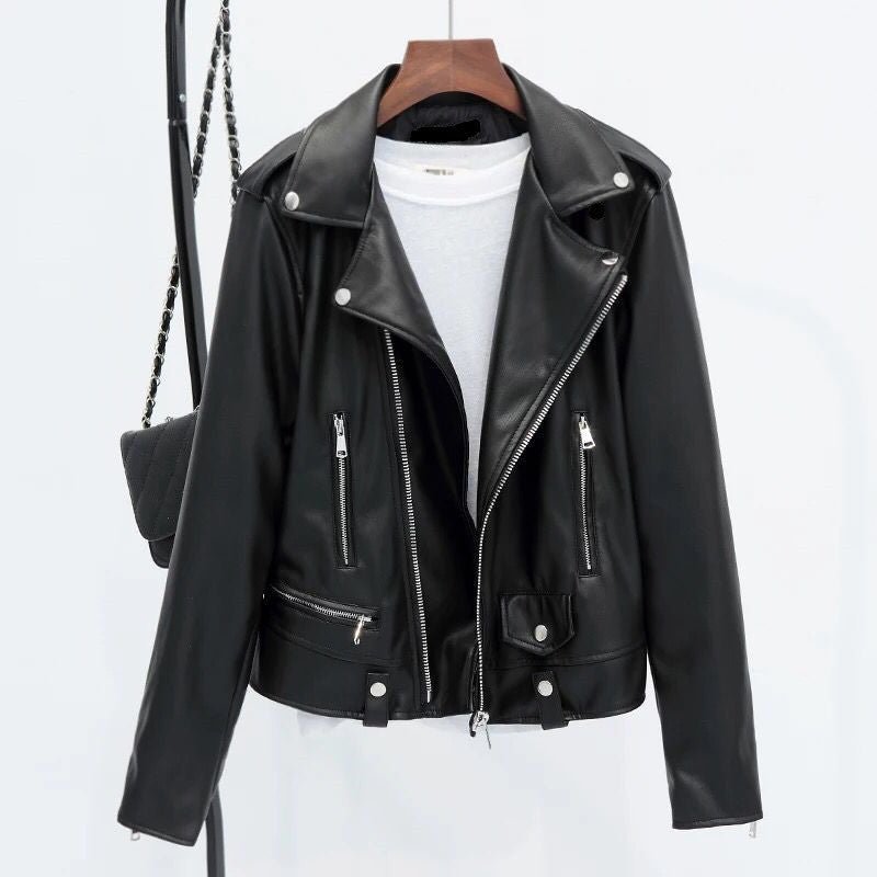 suits Spring Suede Black Faux PU Leather Zipper Basic Outerwear Motorcycle Biker Jacket Coat Women