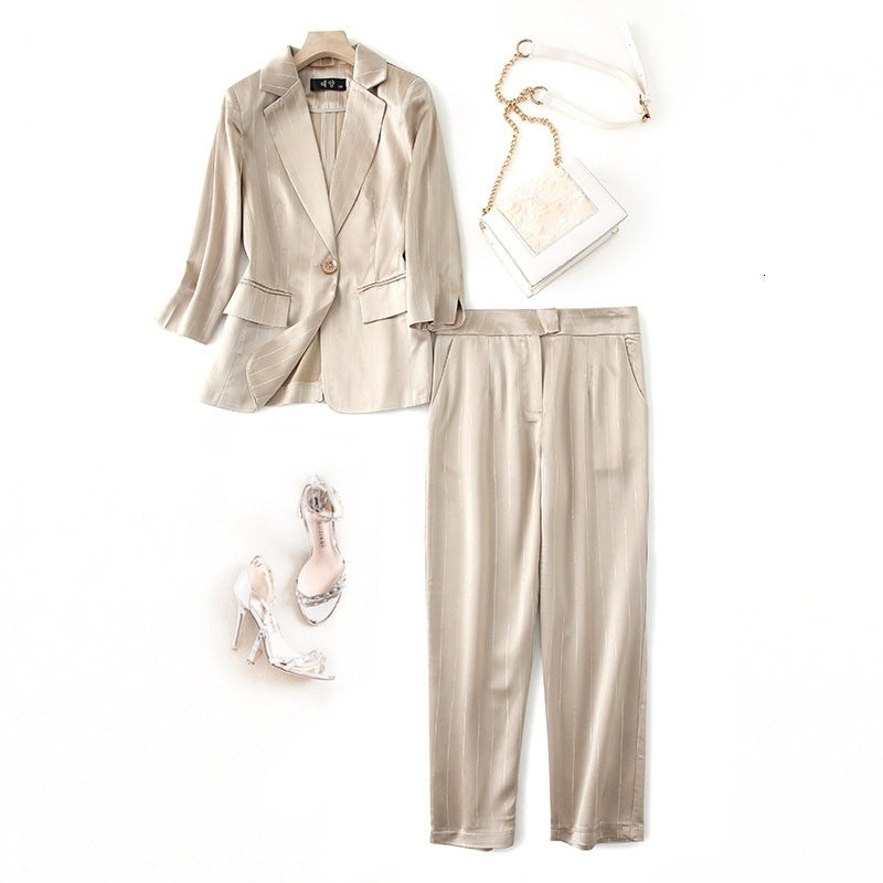 tracksuits woman 2 piece spring summer office ladies work golden striped blazers coats + slim pencil pants suit sets S-3XL JC342