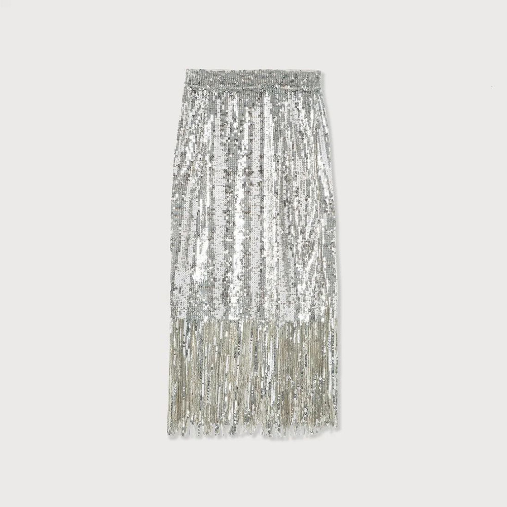 suits Women Sequin Fringed High-waisted Knee-length Skirt Tassel Hem Casual Fashion Chic Dinner Party Club woman skirts