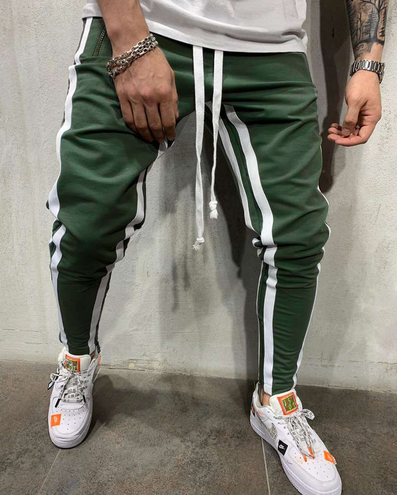 New high street trend men&#039;s pants sports pants thin fitness training casual pants color matching zipper Leggings