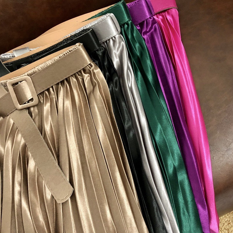 skirts Autumn Silky Satin Draped Long Pleated Belt Shiny Elegant Candy Mid-Calf A- line Skirt Rose Purple Green