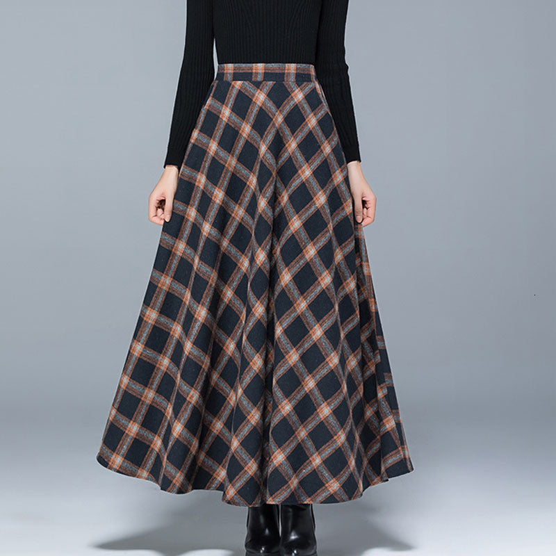 skirts Winter Wool Blend Plaid A-line Flared Maxi Long Skirts with Side Pockets