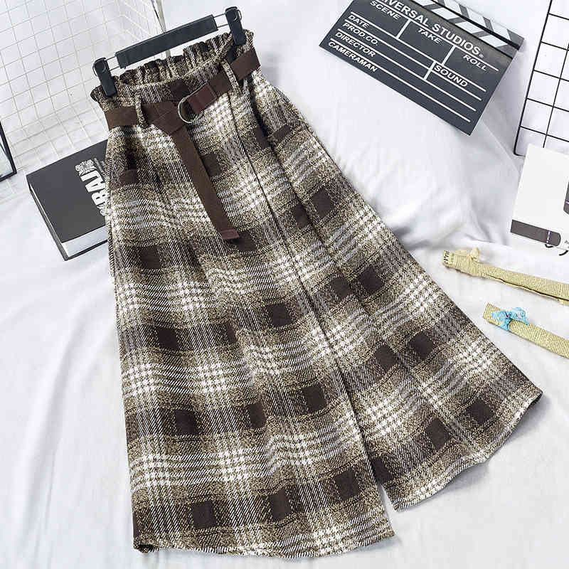 skirts Winter Plaid Wool Blend with Belt A-line Split Sashes Thick Woolen Check Calf Long Skirts