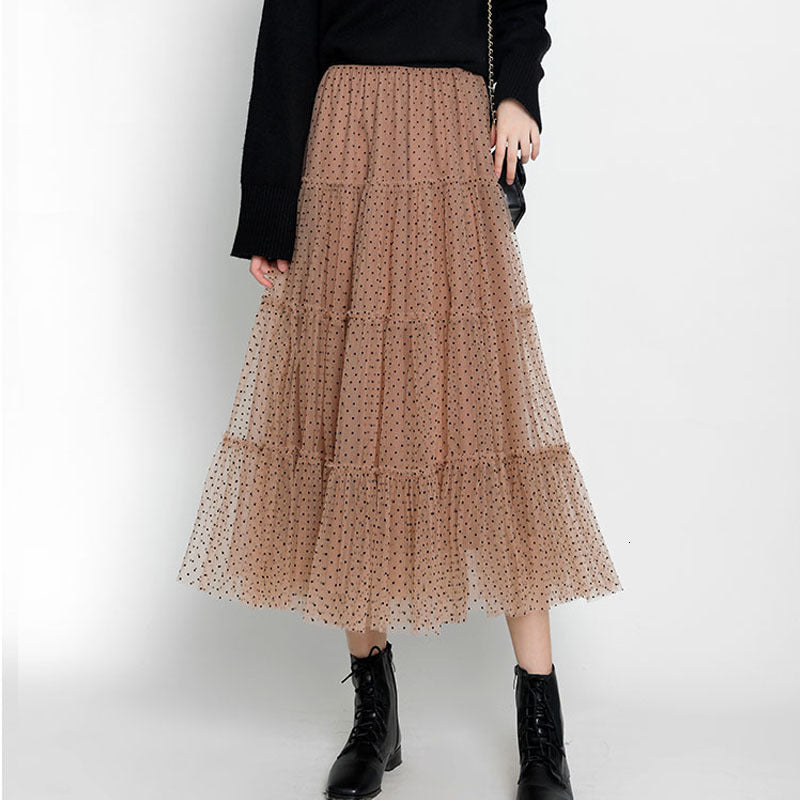 skirts Polka Dotted Cakee Tulle Maxi A-line Layered Patchwork Tiered Ankle Long Skirts