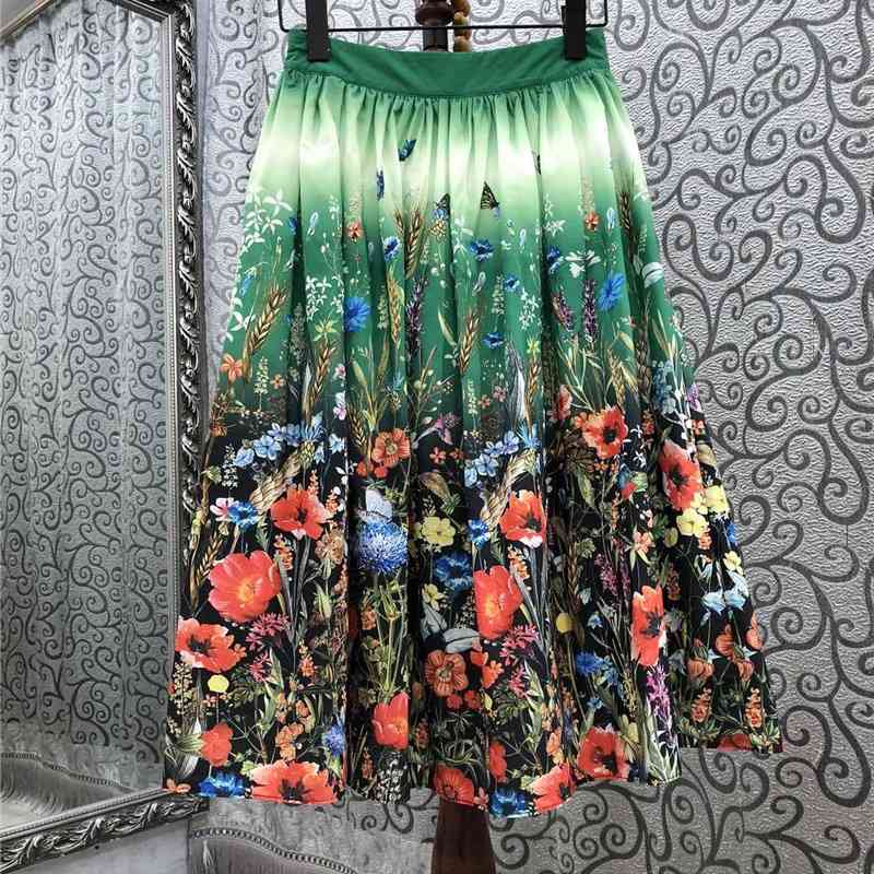 skirts High Quality Women&#039;s Summer Ladies Butterfly Floral Print Mid-Calf Length Big Swing Casual A-Line Skirt Cotton