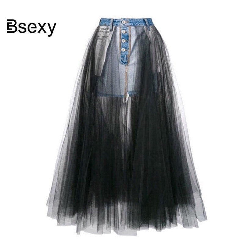 skirts Fashion Denim Spliced Black Mesh Long Skirts WOmens High Waist See Though Ball Gown Runway Women Maxi Tulle Jeans Skirt