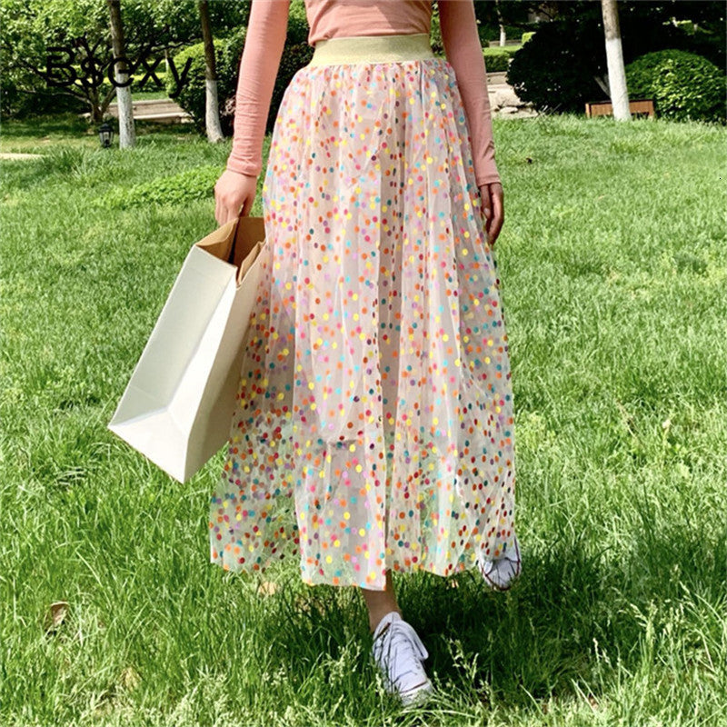 skirts Clearance Female Elastic long colorful polka Dot ball grown Mesh Maxi skirt Women Summer Beach High Waist Tutu