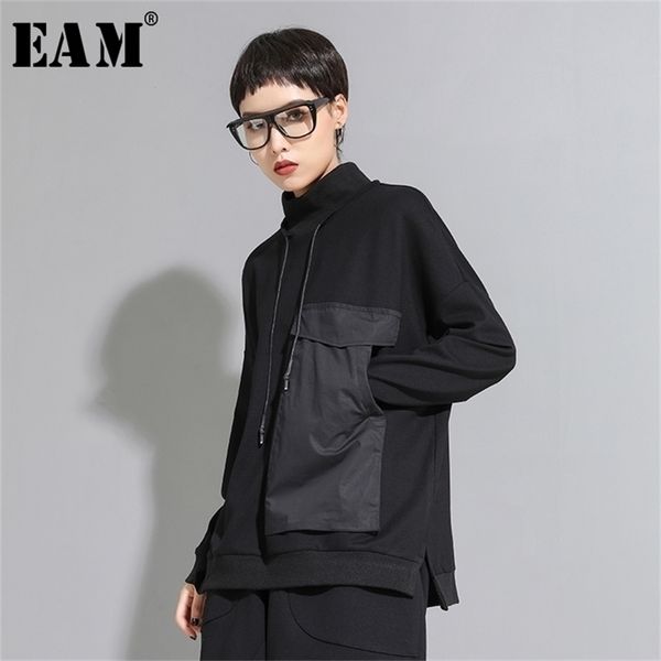 EAM Women Big Pocket Contrast Color Split Size Tshirt High Collar Long Sleeve Fashion Spring Autumn 1D095 210406
