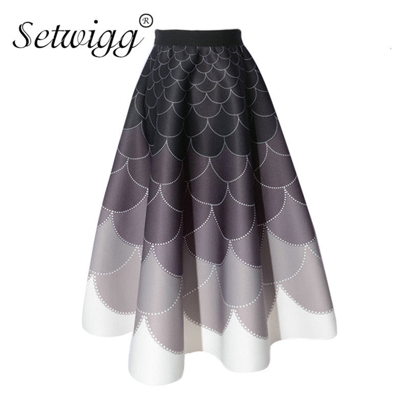 skirts Retro y Thick Calf Skater Skirts Waist Zipper Gradient Multi-colored Fish Scales Print A-line Long Skirt
