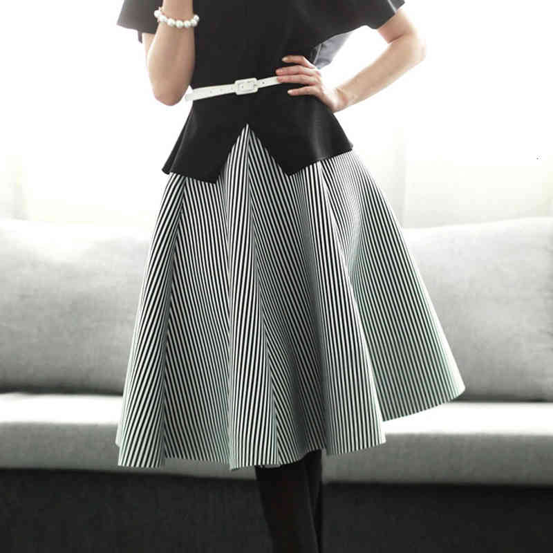 skirts & Autumn ffy Scuba Patchwork A-line Long Skirt Stretch Waist Vertical Striped Mid-calf Spring Skirts SG2080