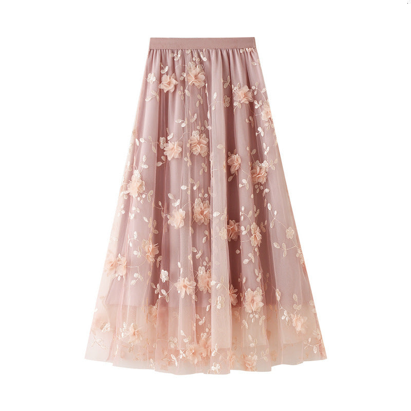 skirts Fairy 3D Embroidered Flowers Maxi Gauze Skirt Summer Floral Embroidery A-line Pleated Ankle Long Tulle Skirts Pink Navy