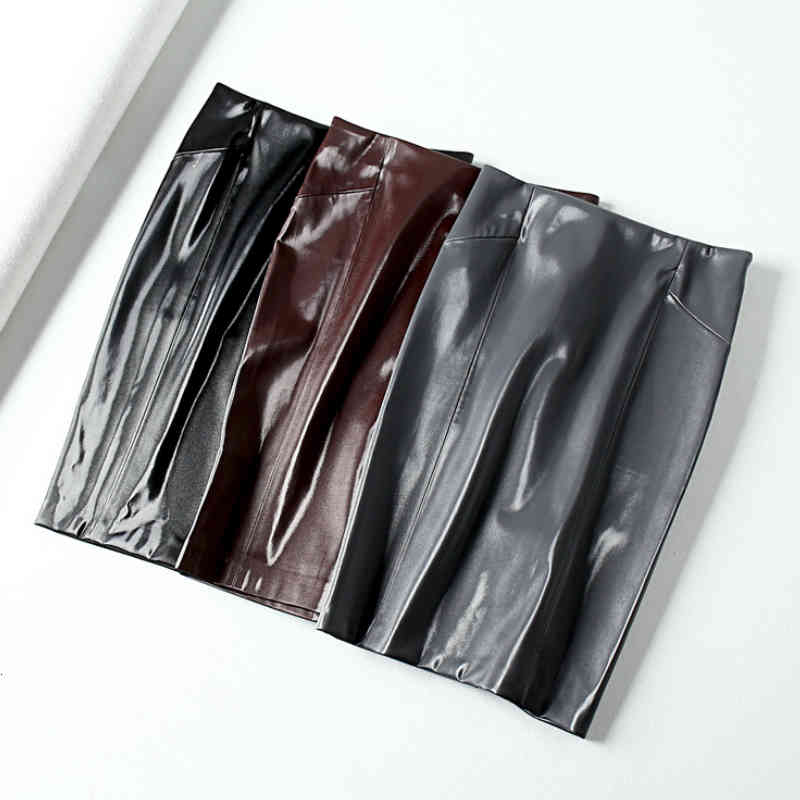 skirts Women Autumn Winter Shine PU Midi Office Ladies Hip Package Split Glossy Faux Leather Pencil Skirt