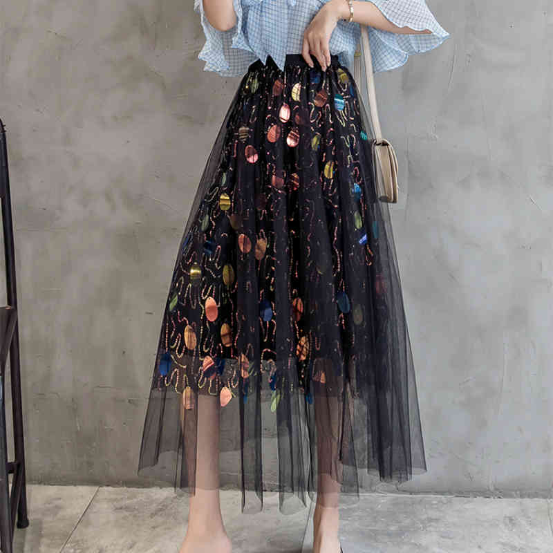 skirts Spring Summer Sequined Maxi Women Dotted Colorful Sequins Pleated Metallic A-line Long Skirts Black Pink