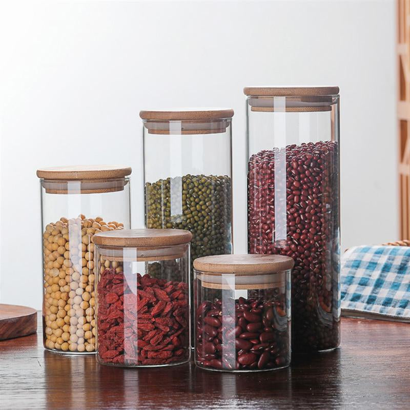 Wood Lid Glass Jar Sealed Canister Food Storage Container For Loose Tea Coffee Bean Salt Kitchen Storage Jar Organier Bottle