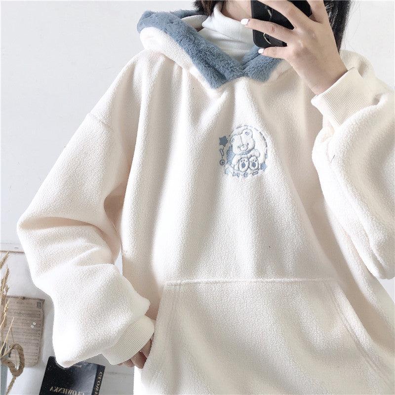 Cute Women ffy Hoodie Pink Oversized Bear Graphic Streetwear Sweatshirts Outerwear Faux Fur Soft Kawaii Fleece Pullover Coat