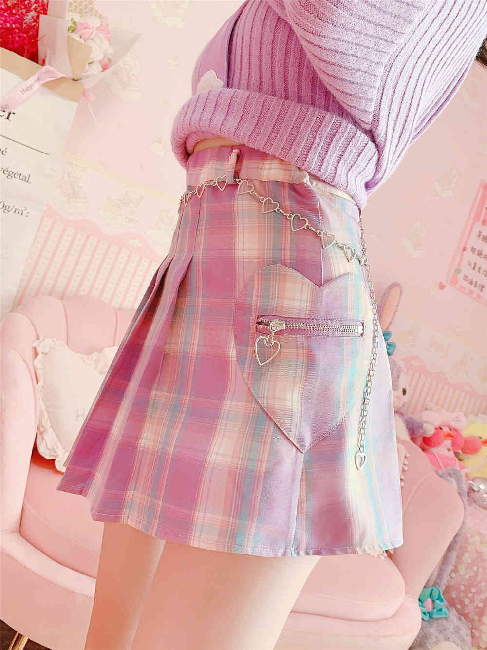 Gothic Lolita Cute Plaid Mini Pleated Skirt Women Harajuku Kawaii Cosplay Heart Pocket Chain School Girl Vintage Short Skirts