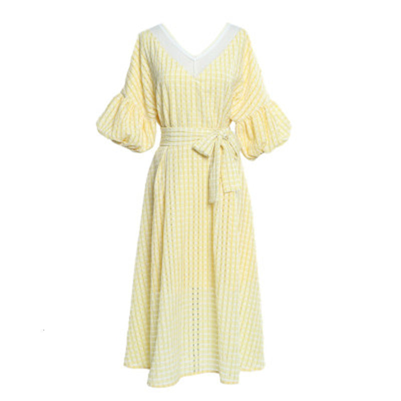 tracksuits spring summer 2021 women Fashion Yellow Crop Top and Skirts Sets Double V neck Short Sleeve Plaid Blouses Shirt + Midi Skirt Set