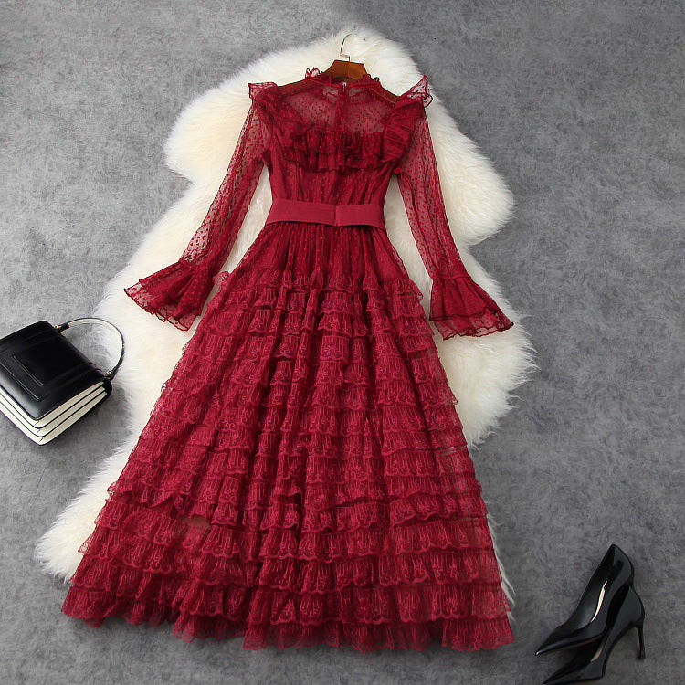 dresses Ball Spring Summer Party Evening Women Polka Dot Patterns Ruffle Deco Wine Red Black Gown Lace Night