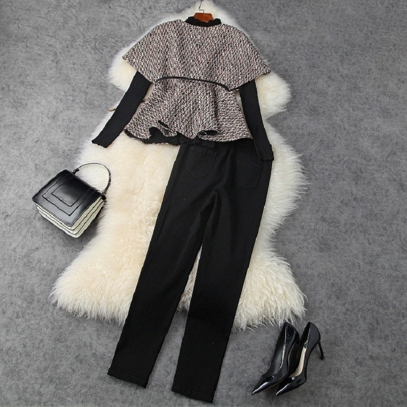 shorts Top Quality Designer Clothing Sets Autumn Winter Suit Women Black Pullover Tops+Cape Caot Jacket+ny Leggings Pants Set