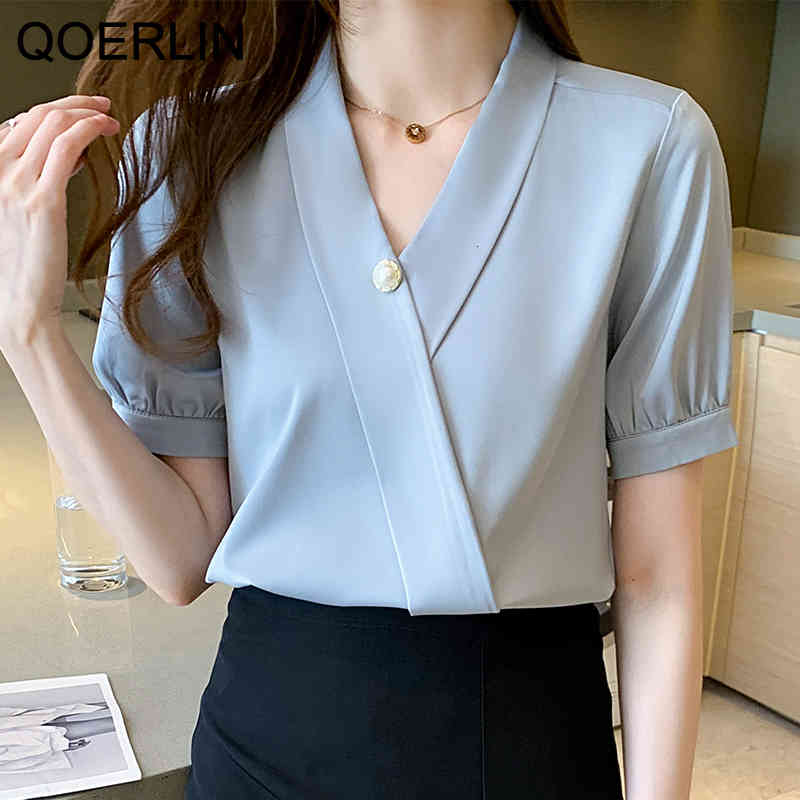 blouses Chic Beaded Shirts Women Office Ladies Short Sleeve Satin Formal OL Blouse Plus Size Girl Sweet Pullover Top Shirt