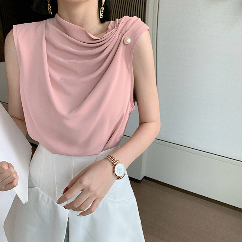blouses Elegant White Sleeveless Casual Solid Pearl Pleated Summer Women Blouse Fashion Office Lady Short Chiffon Top