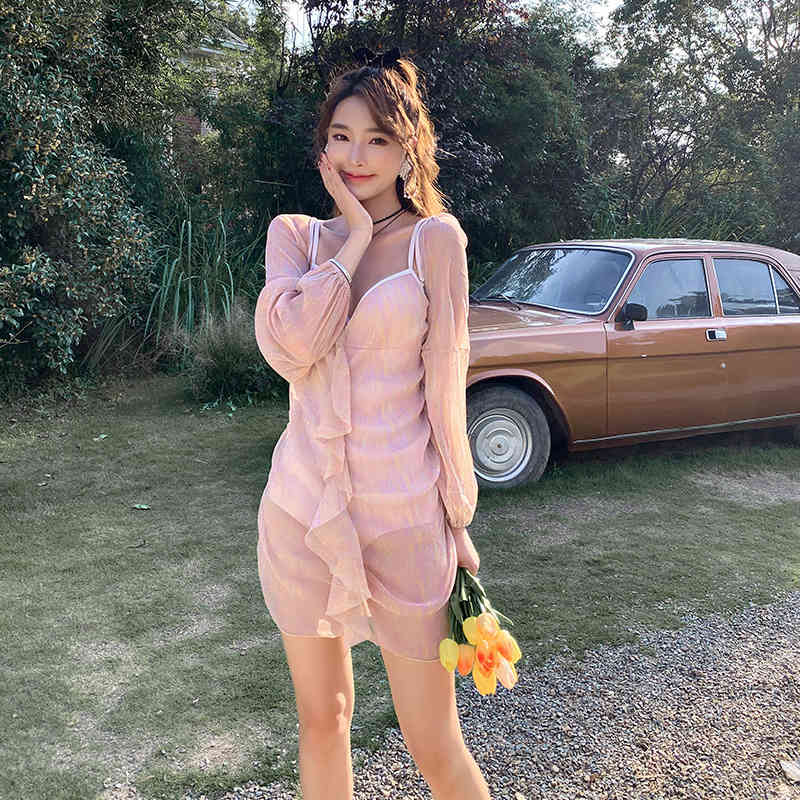 Korean One-piece Bubble Sleeve with Drawstring Gathered Mesh Bikini Women&#039;s Deep v Conservative Swimsuit