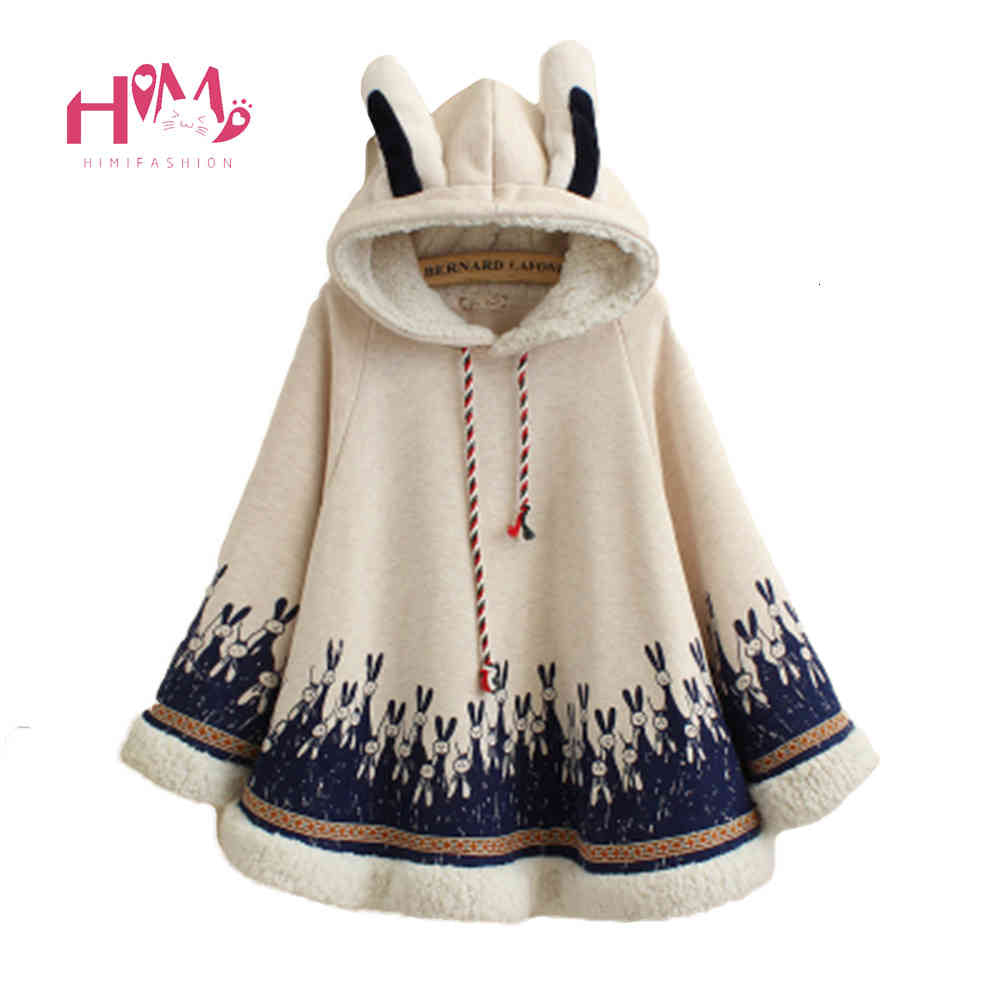 Women Japanese Style Mori Girl Autumn Winter Coat Cute Cartoon Rabbit Ear Loose Hooded Cape Hoodie Cotton Casual Cloak Outerwear
