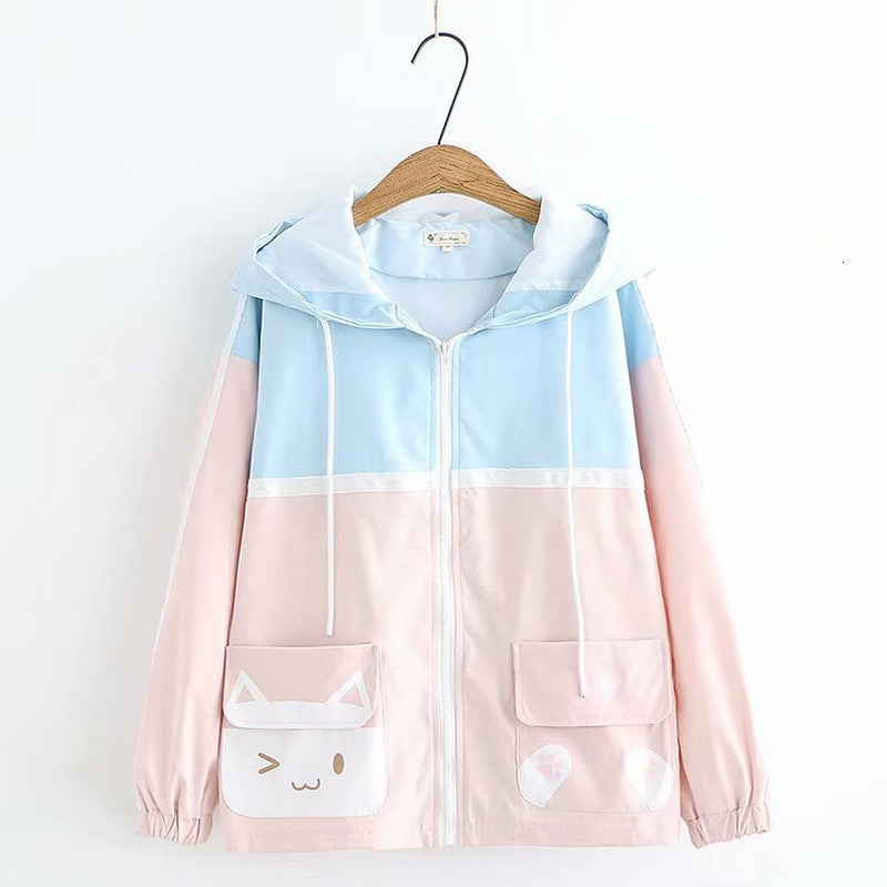 Japanese Kawaii Thin Jacket Teen Girls Cute Cat Casual Zip Up Hoodie Women Black Pink Zipper Hooded Coat Autumn Spring