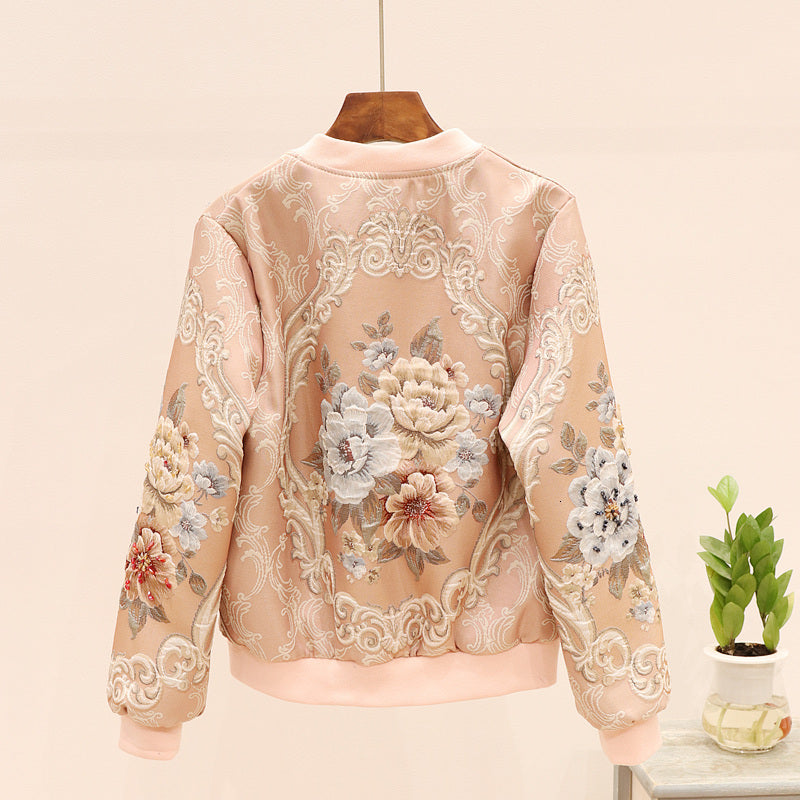 2021 vintage Jacquard Satin jacket for woman Outerwear beading floral embroidery long sleeve pink Baseball coat runway outfit