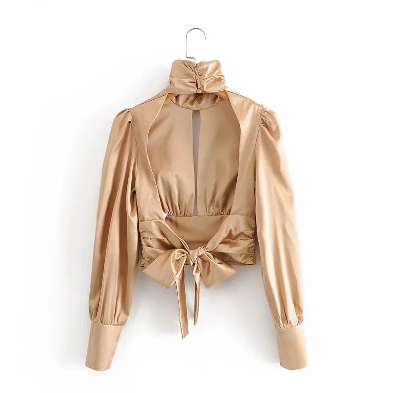 designer Long Sleeve Fall Women blouses all women&#039;s fashion with Thin french-style pleated pure color backless waist ba