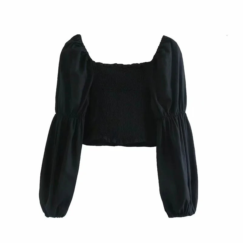 designer Long Sleeve Women blouses Fall women&#039;s fashion show thin French short elastic square neck retro Black