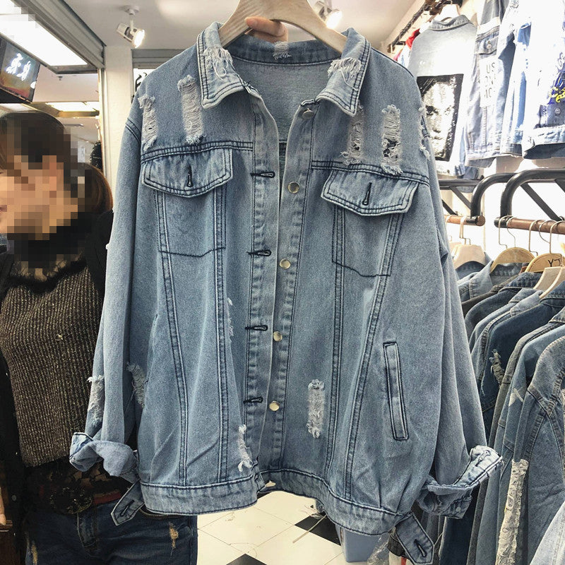 Spring Autumn Holes Women Outerwear Patch Denim Jacket Female Loose Student Vintage Jean Jackets Girls Basic Coats