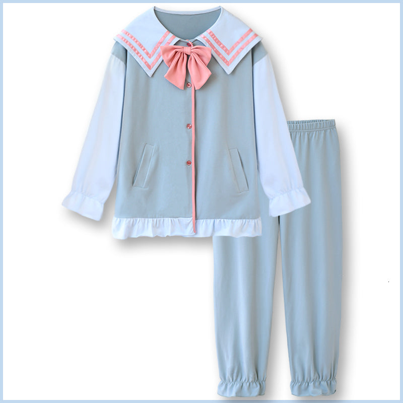 Cute Women Pajamas Sets Kawaii Lolita Girl Sleepwear Moon Embroidery Long Sleeve Home Wear 2 Piece Casual Rabbit Ear Top Pants